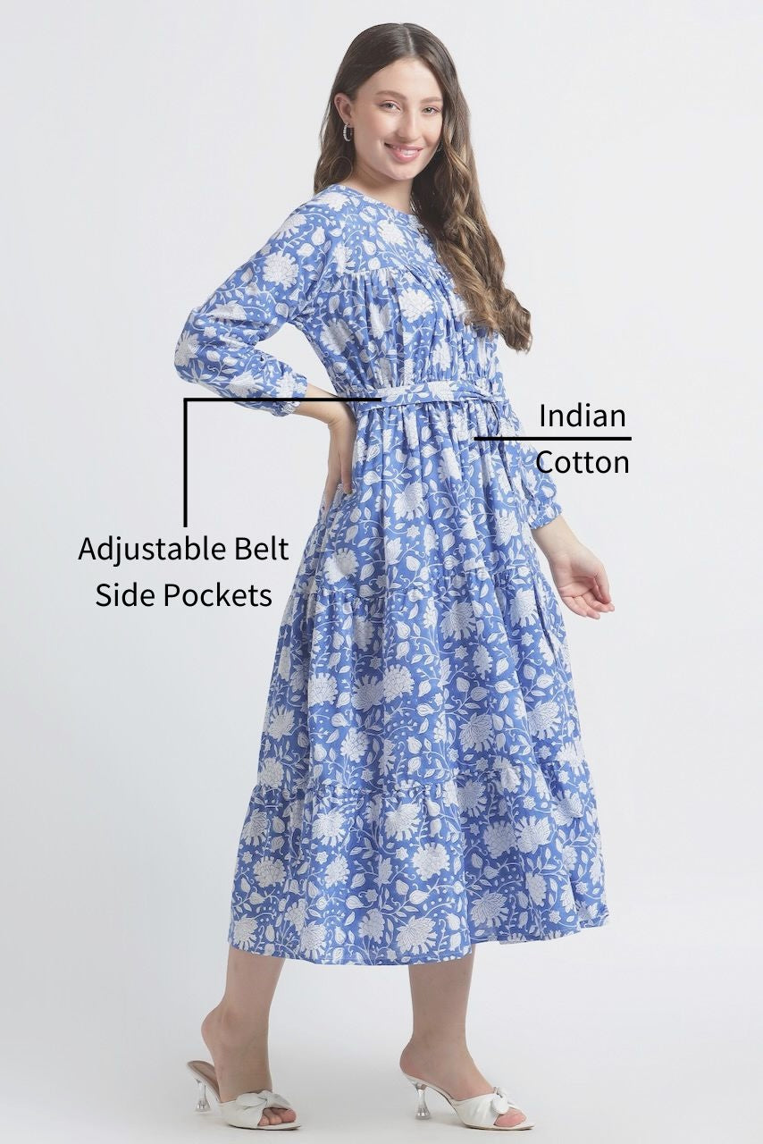 Sahiba Block Print Dress - Blue