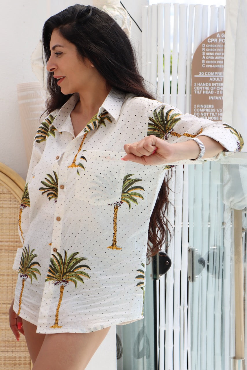 Gender Neutral Cotton Shirt - Palm Print