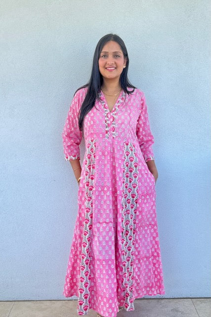 Panelled Cotton Maxi Dress - Pink