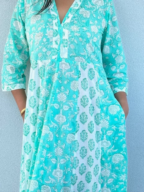 Panelled Cotton Maxi Dress - Aqua