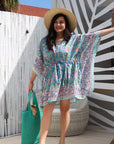 Boho Short Beach Kaftan - Lagoon Blue - Hi Handmade