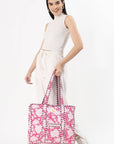 Cotton Tote Bag With Zip - White Pink - Hi Handmade