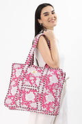 Cotton Tote Bag With Zip - White Pink