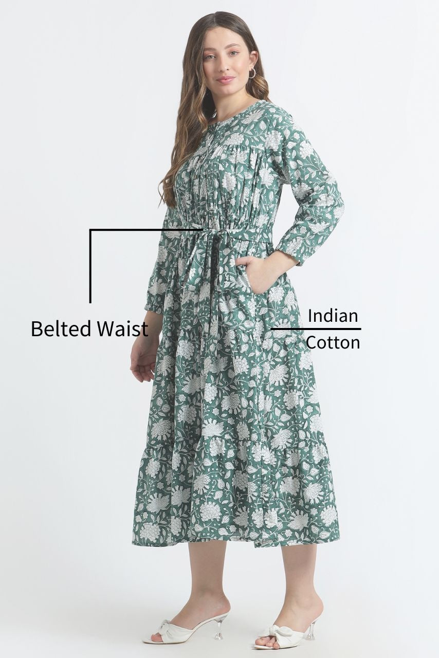 Sahiba Block Print Dress - Green