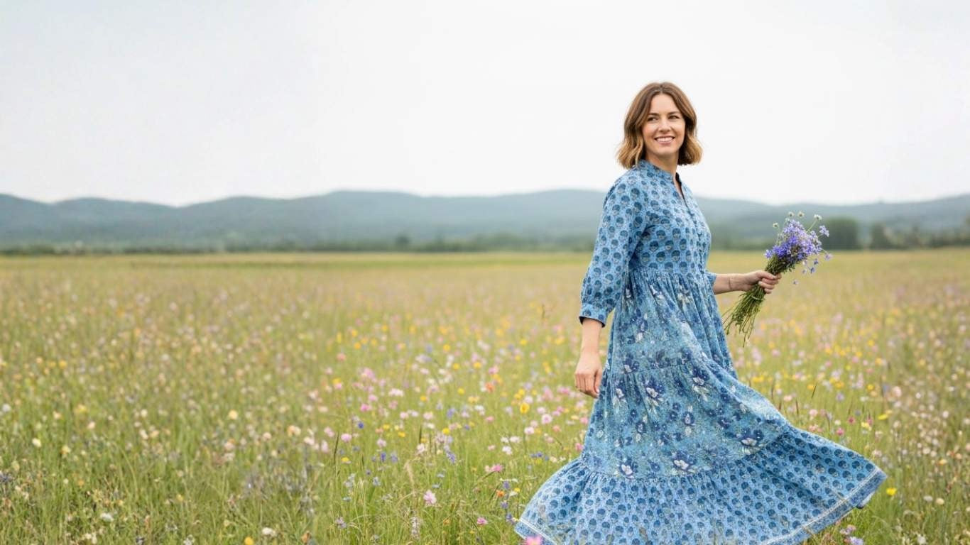 Woman in a blue dress holding flowers in a field