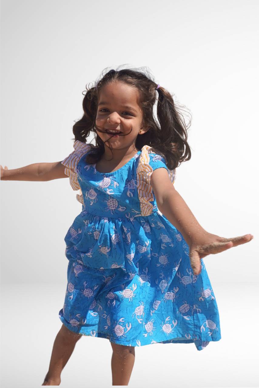 Adah Cotton Kids Dress - Crab Print - Hi Handmade