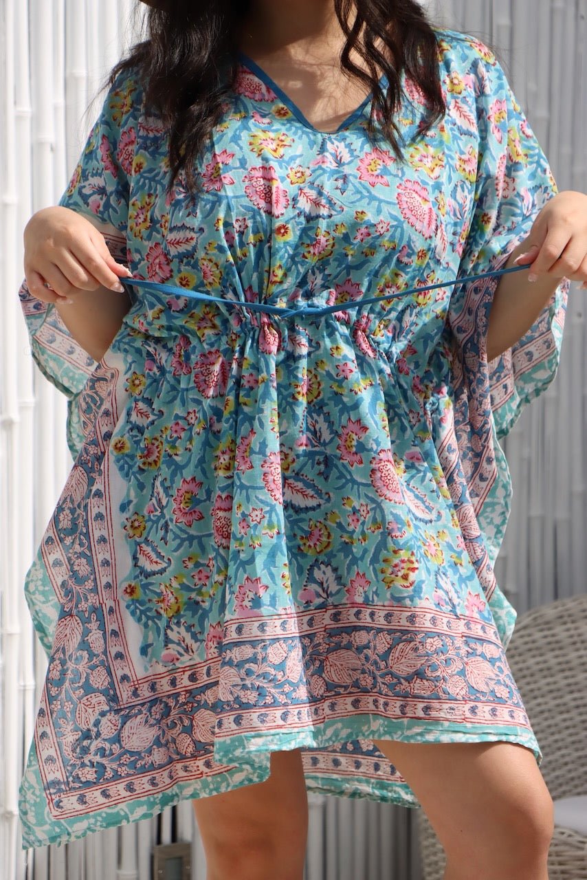 Boho Short Beach Kaftan - Lagoon Blue - Hi Handmade