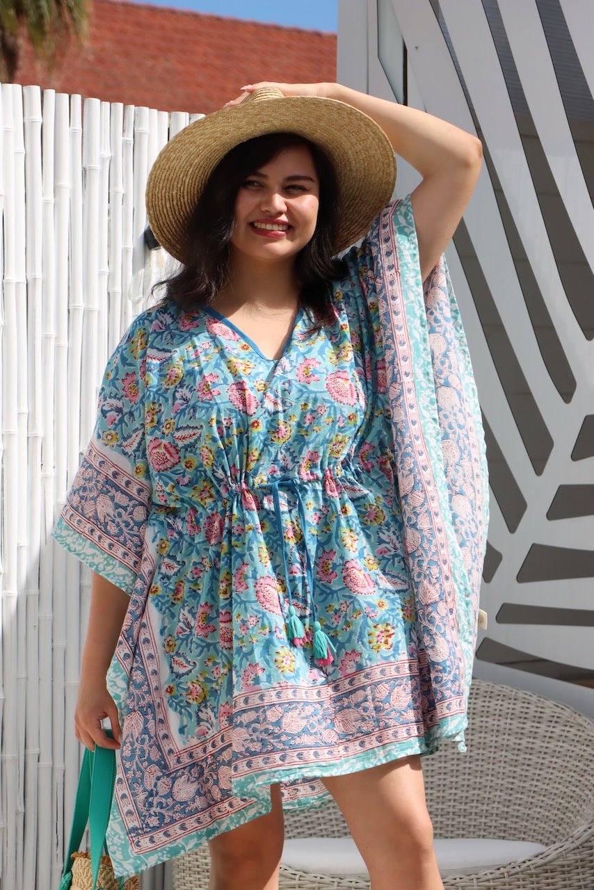Boho Short Beach Kaftan - Lagoon Blue - Hi Handmade
