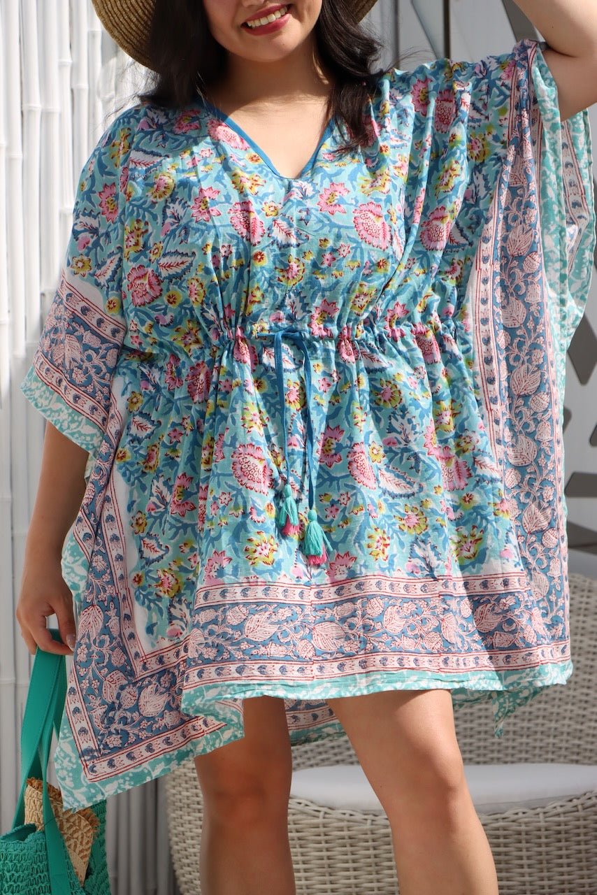 Boho Short Beach Kaftan - Lagoon Blue - Hi Handmade