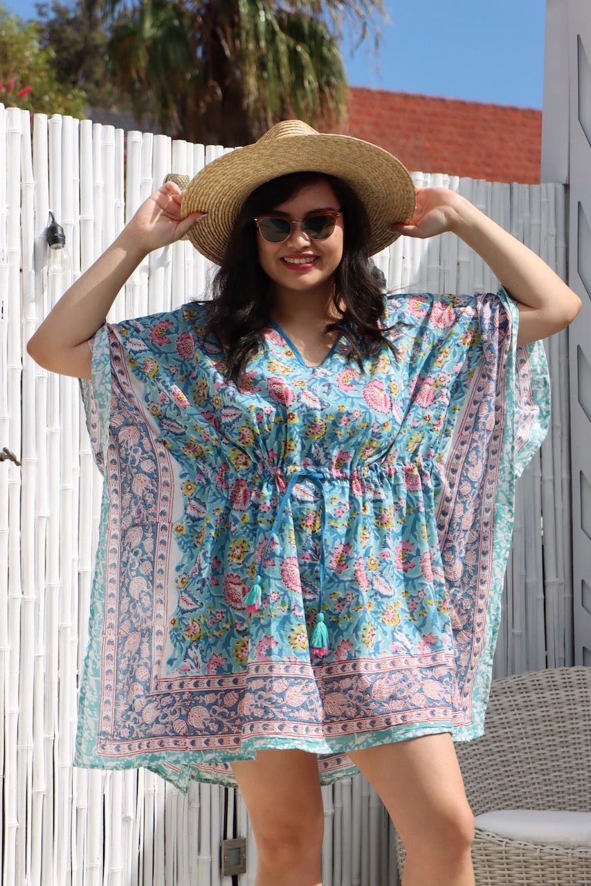Boho Short Beach Kaftan - Lagoon Blue - Hi Handmade