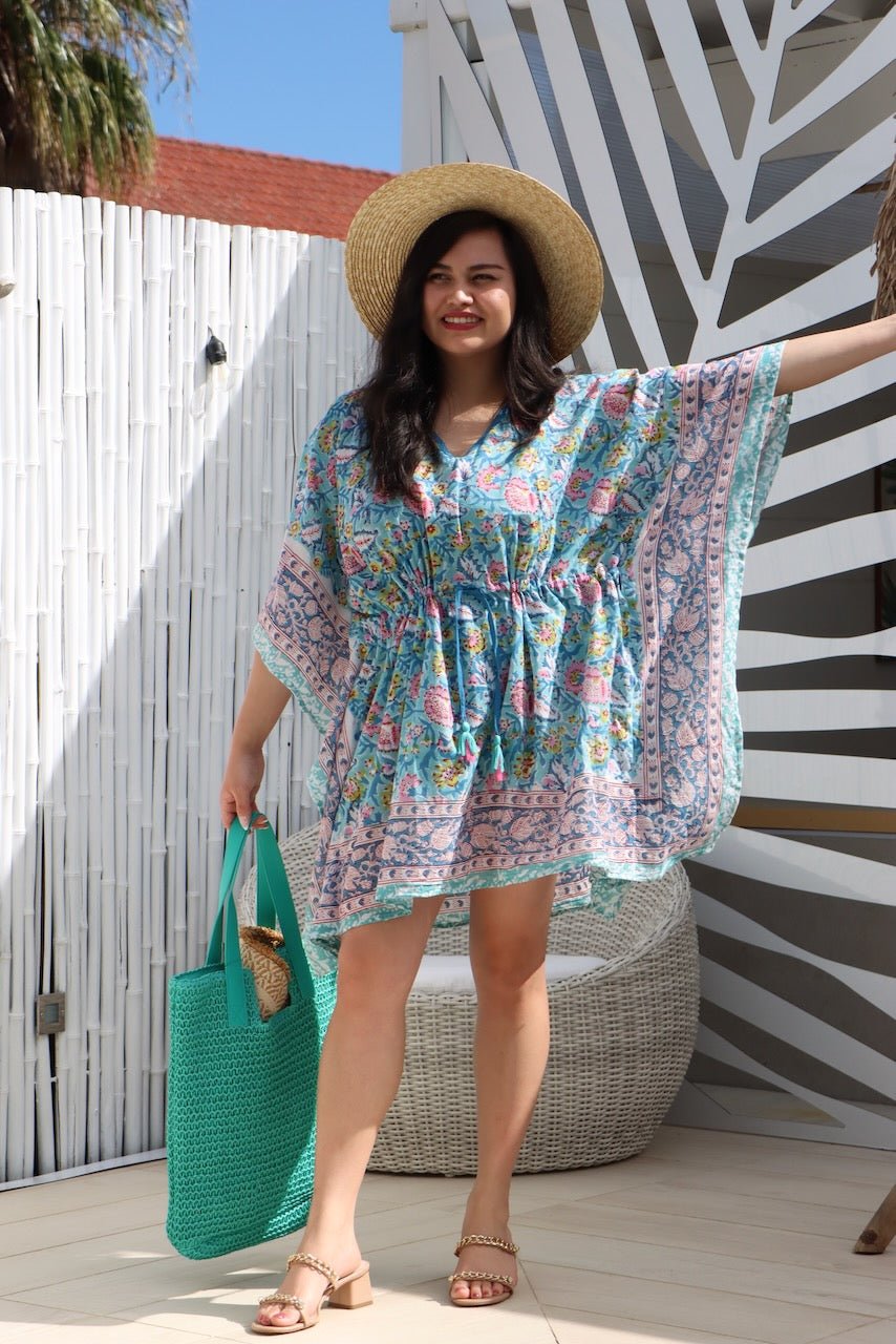 Boho Short Beach Kaftan - Lagoon Blue - Hi Handmade