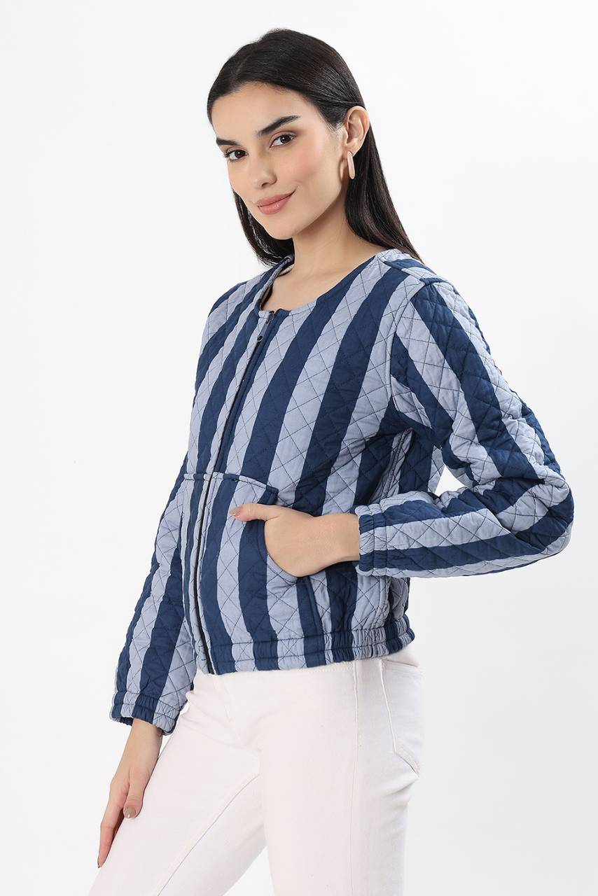 Cara Cotton Quilted Jacket - Blue - Hi Handmade