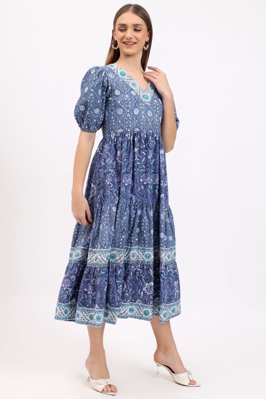 Cotton Dress Maxi - Blue - Hi Handmade