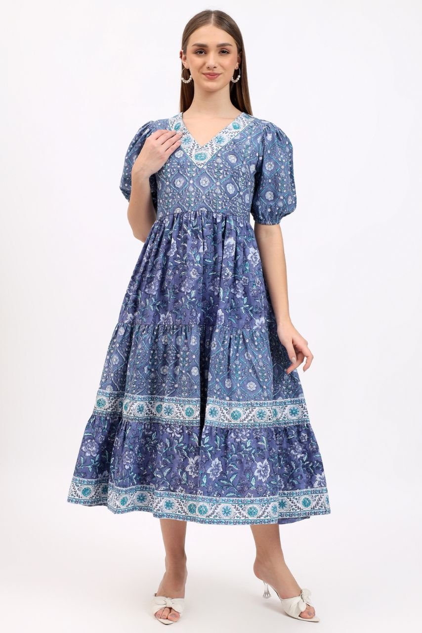 Cotton Dress Maxi - Blue - Hi Handmade