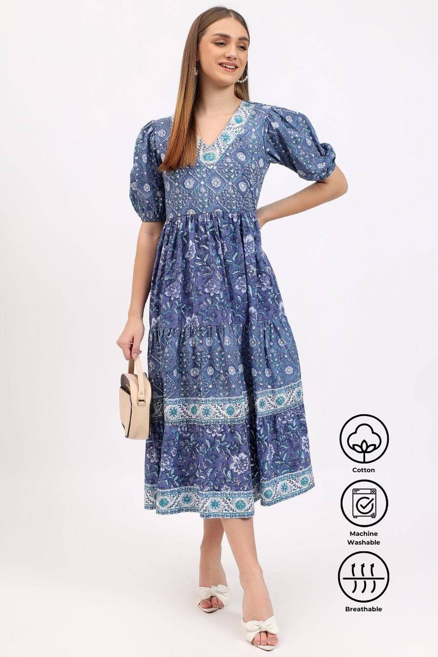 Cotton Dress Maxi - Blue - Hi Handmade