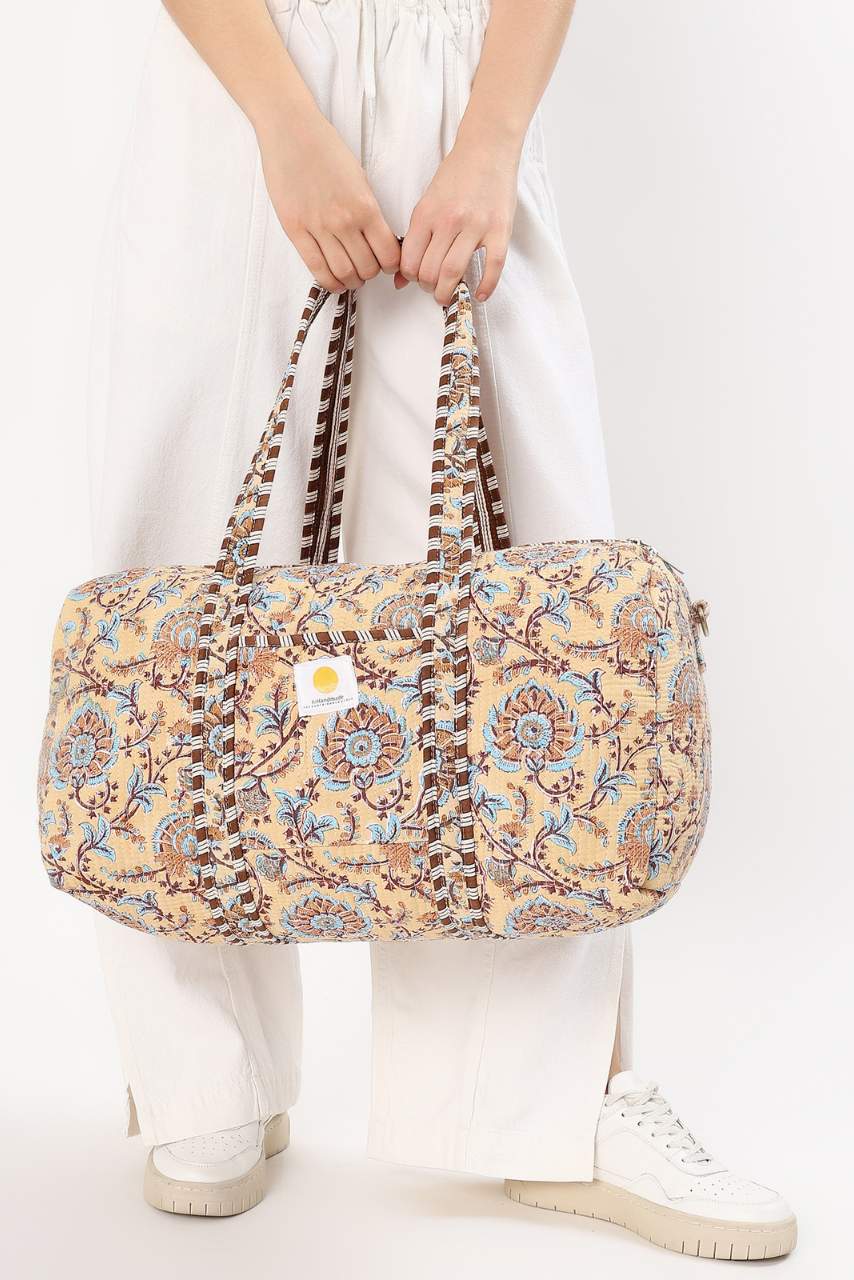 Cotton Duffle Bag - Beige Botanical - Hi Handmade