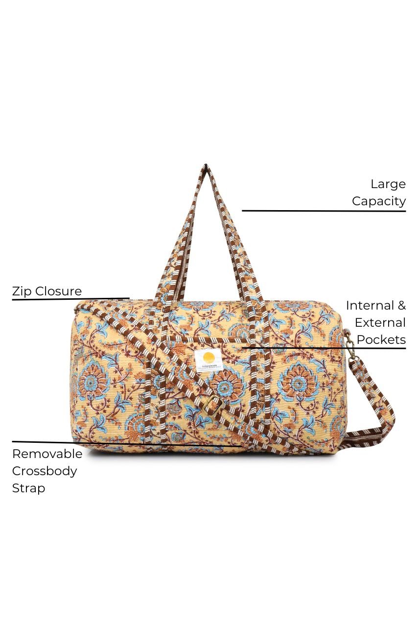Cotton Duffle Bag - Beige Botanical - Hi Handmade