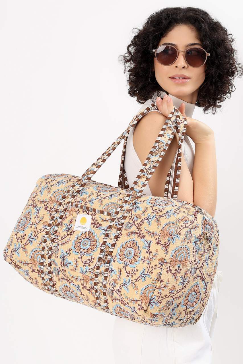 Cotton Duffle Bag - Beige Botanical - Hi Handmade