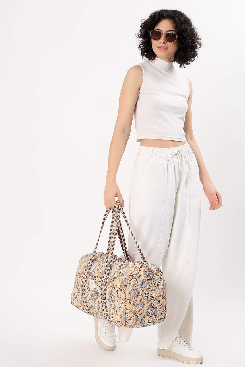 Cotton Duffle Bag - Beige Botanical - Hi Handmade