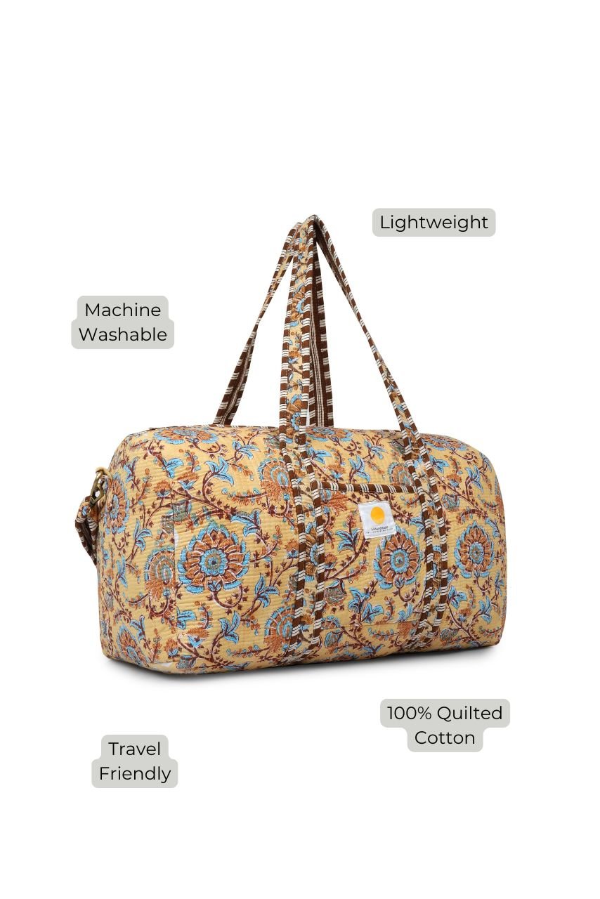 Cotton Duffle Bag - Beige Botanical - Hi Handmade