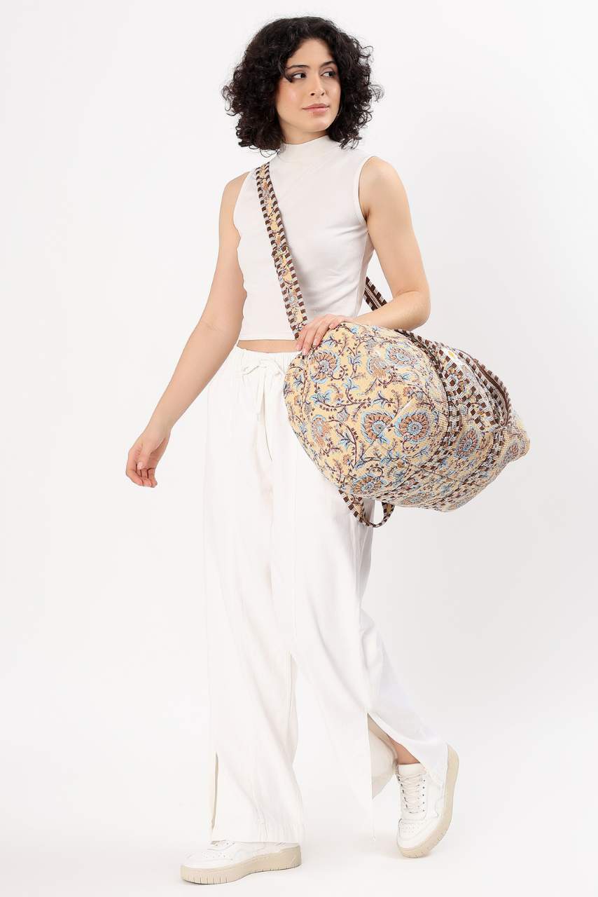 Cotton Duffle Bag - Beige Botanical - Hi Handmade