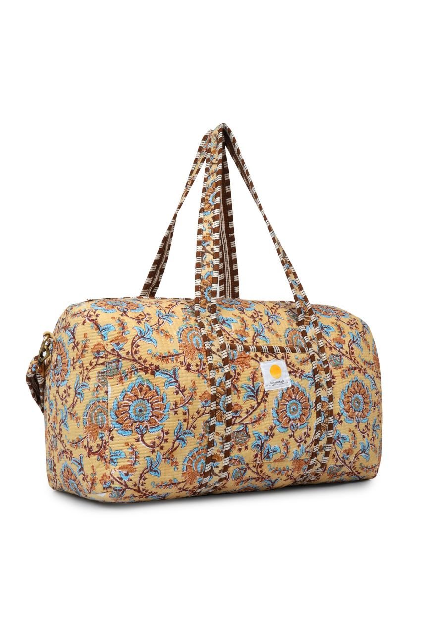 Cotton Duffle Bag - Beige Botanical - Hi Handmade