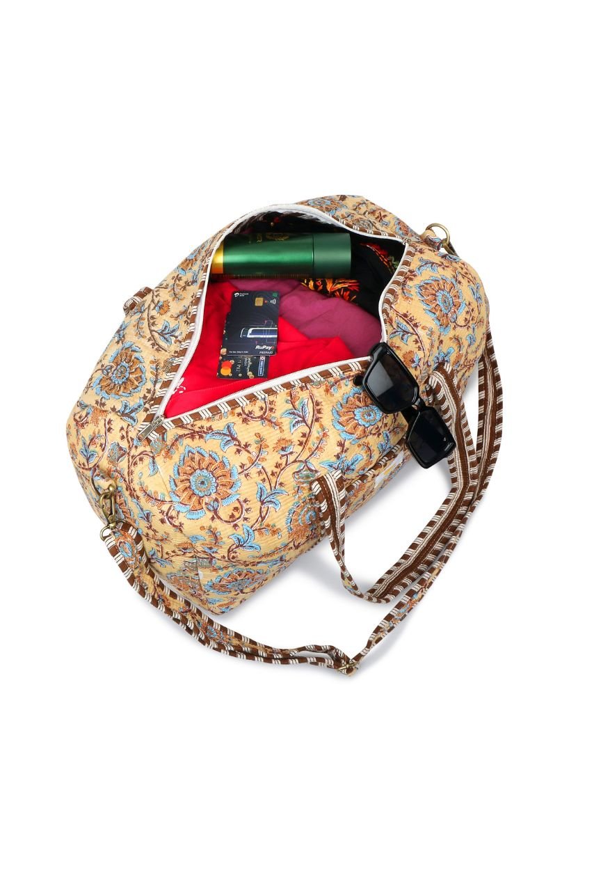 Cotton Duffle Bag - Beige Botanical - Hi Handmade
