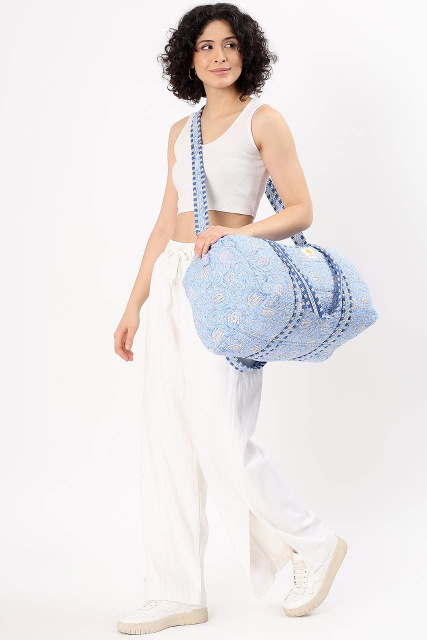 Cotton Duffle Bag - Blue Lily - Hi Handmade