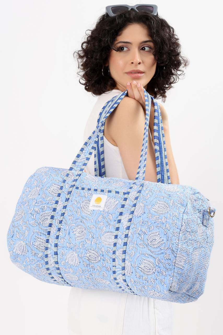 Cotton Duffle Bag - Blue Lily - Hi Handmade