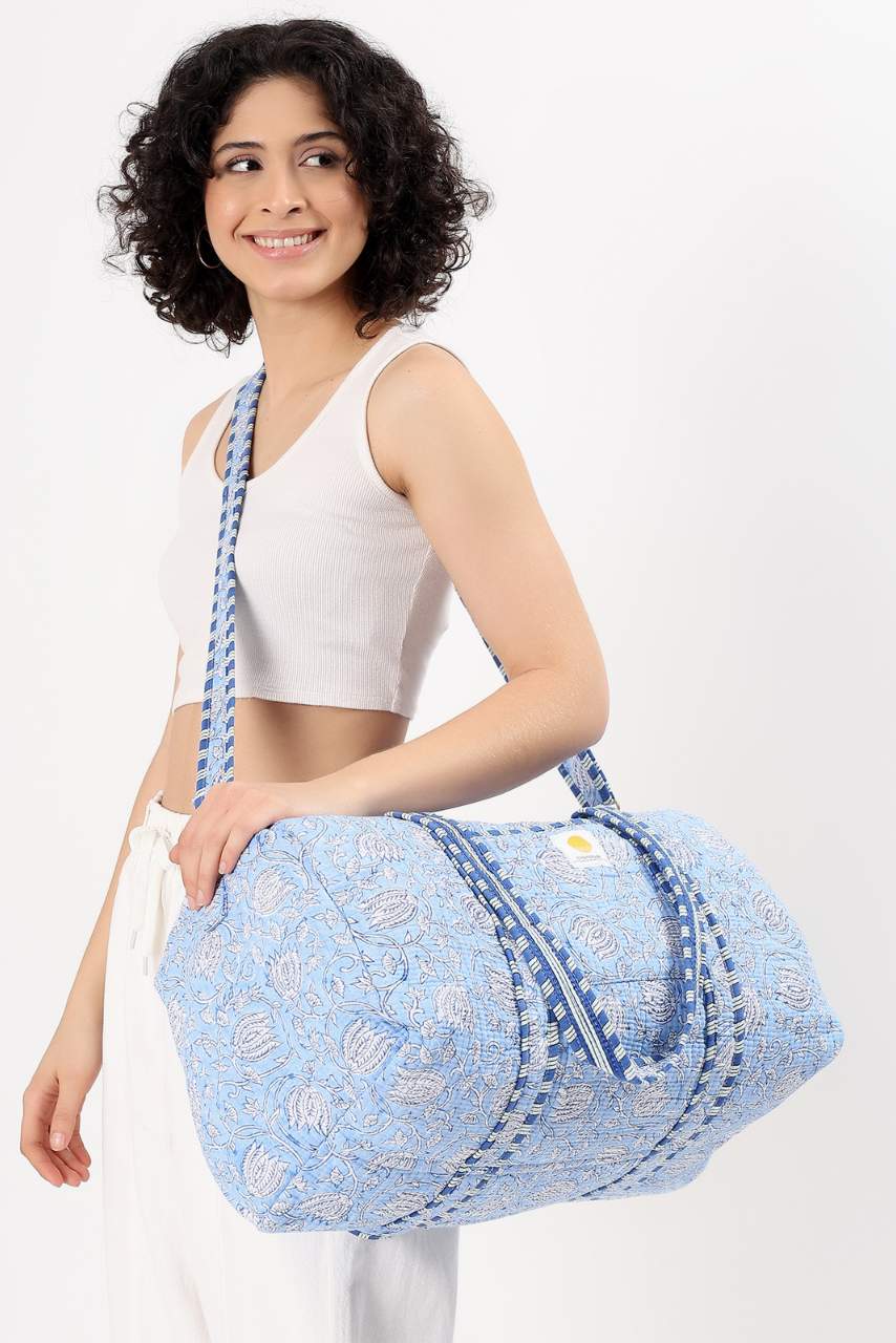 Cotton Duffle Bag - Blue Lily - Hi Handmade