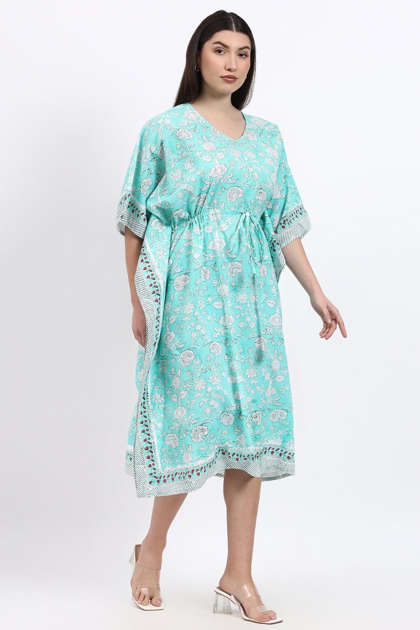 Cotton Kaftan Cover Up - Aqua - Hi Handmade