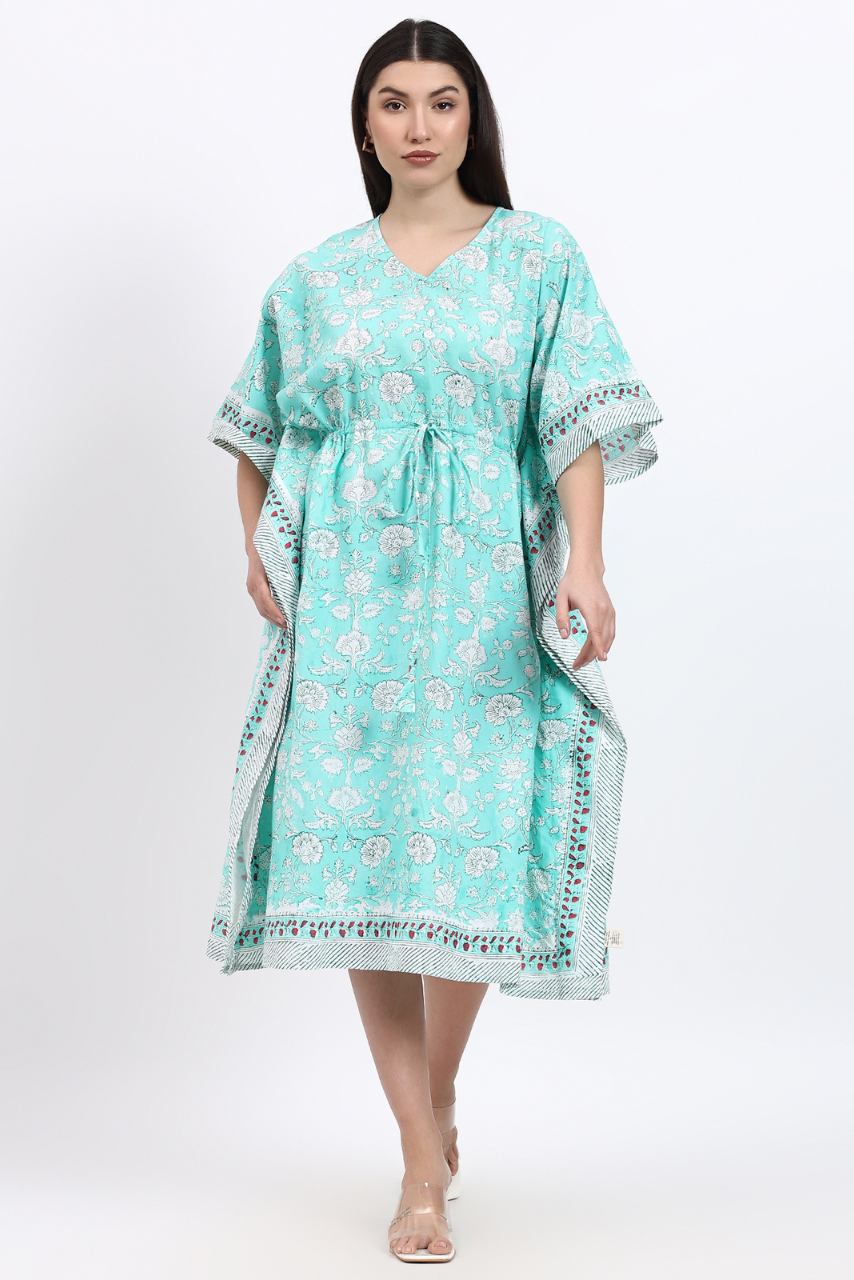 Cotton Kaftan Cover Up - Aqua - Hi Handmade