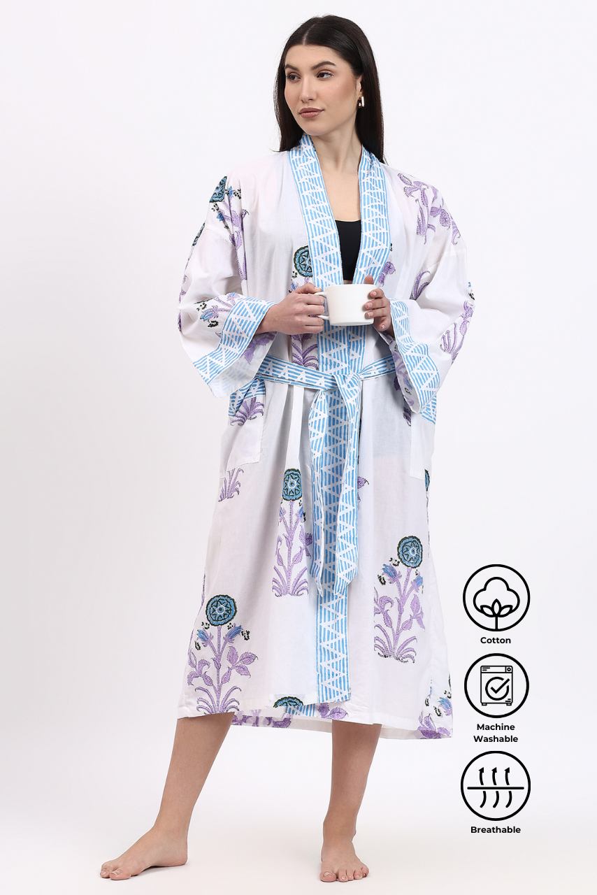 Cotton Kimono Robe - Aqua - Hi Handmade