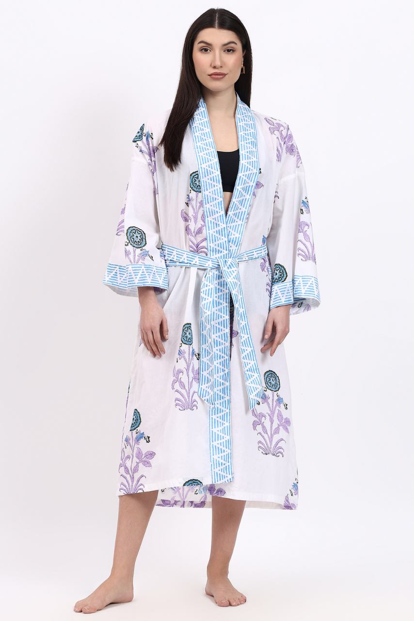Cotton Kimono Robe - Aqua - Hi Handmade
