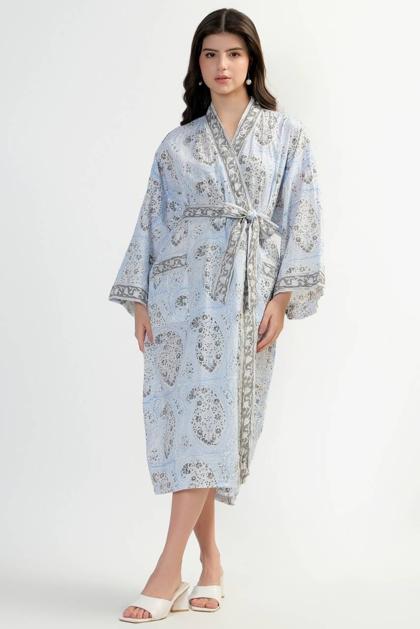 Cotton Kimono Robe - Light Blue - Hi Handmade