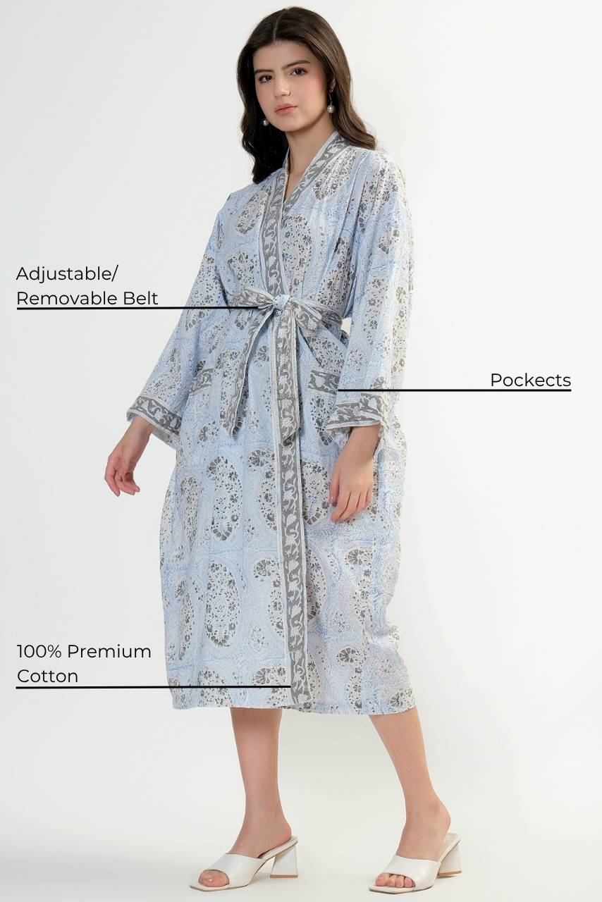 Cotton Kimono Robe - Light Blue - Hi Handmade