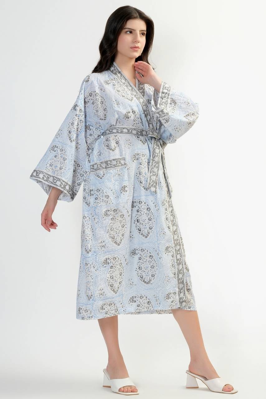 Cotton Kimono Robe - Light Blue - Hi Handmade