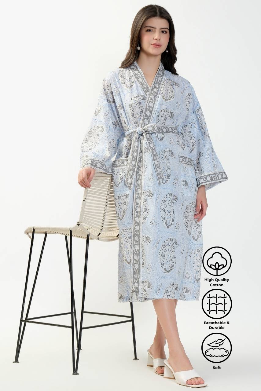 Cotton Kimono Robe - Light Blue - Hi Handmade