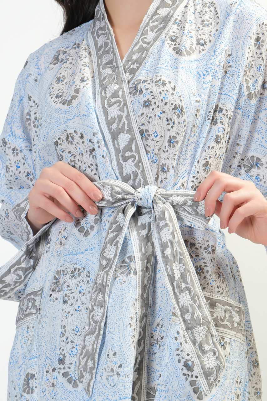 Cotton Kimono Robe - Light Blue - Hi Handmade