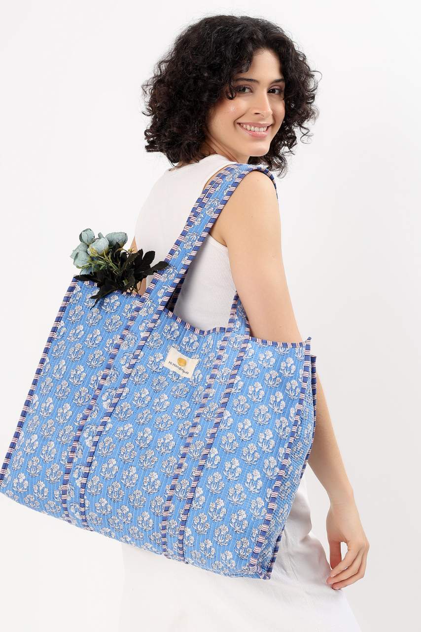 Cotton Tote Bag - Blue Daisy - Hi Handmade