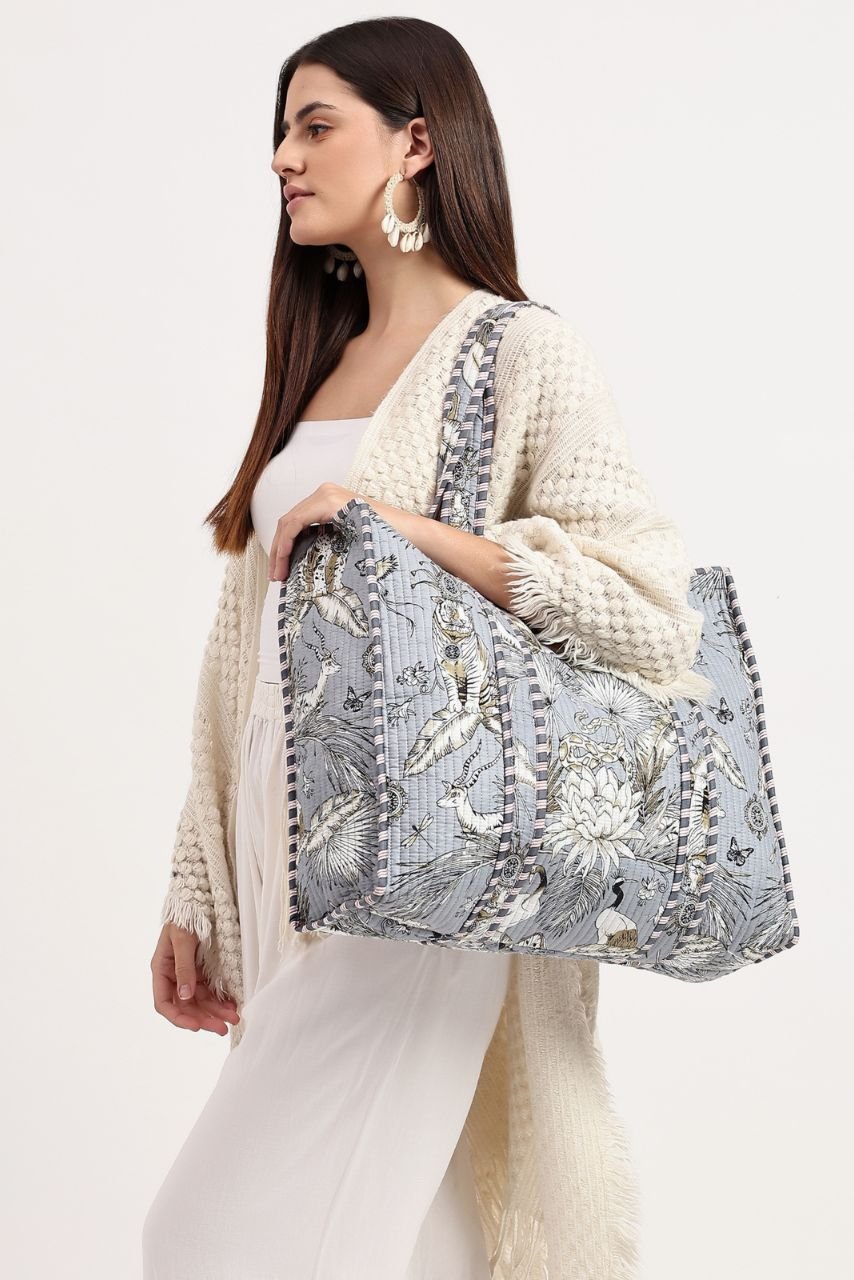 Cotton Tote Bag - Grey Blue - Hi Handmade