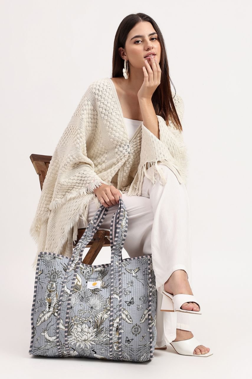 Cotton Tote Bag - Grey Blue - Hi Handmade