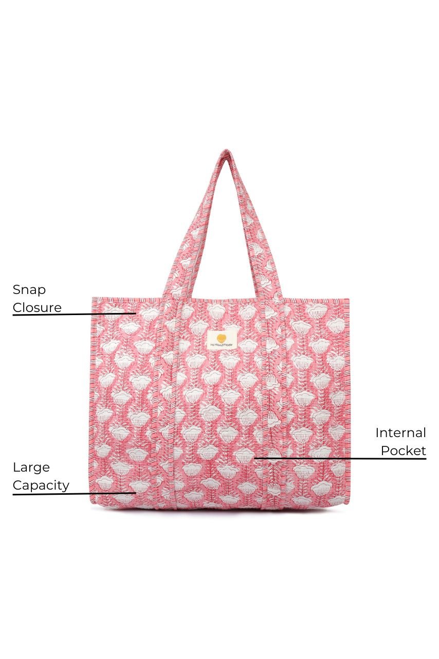 Cotton Tote Bag - Pink Tulip - Hi Handmade