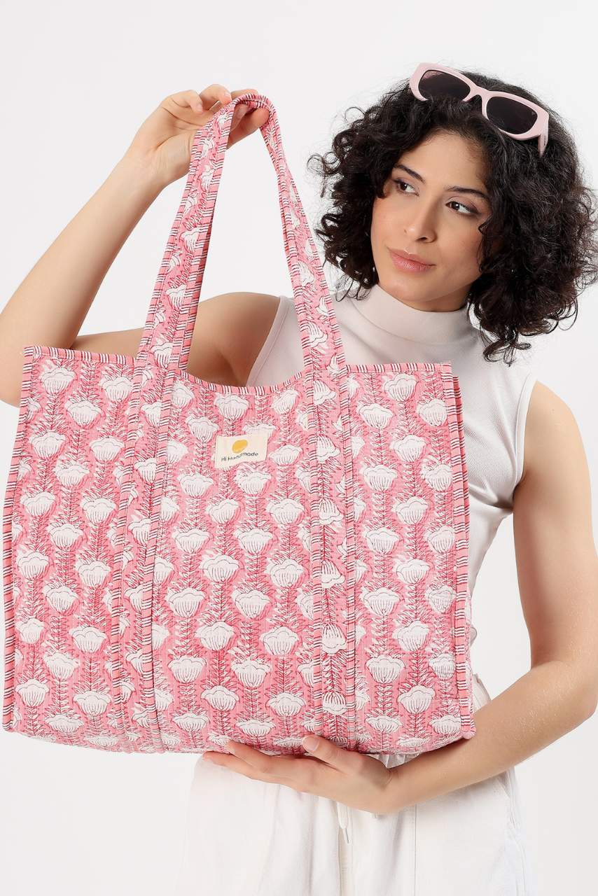Cotton Tote Bag - Pink Tulip - Hi Handmade