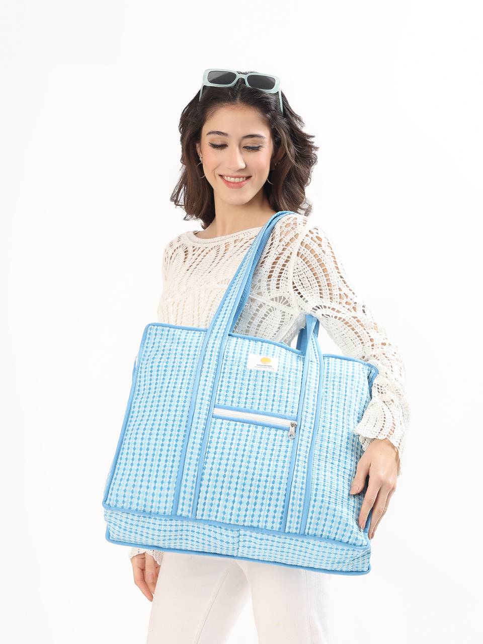 Cotton Tote Bag With Zip - Argyle Ocean - Hi Handmade