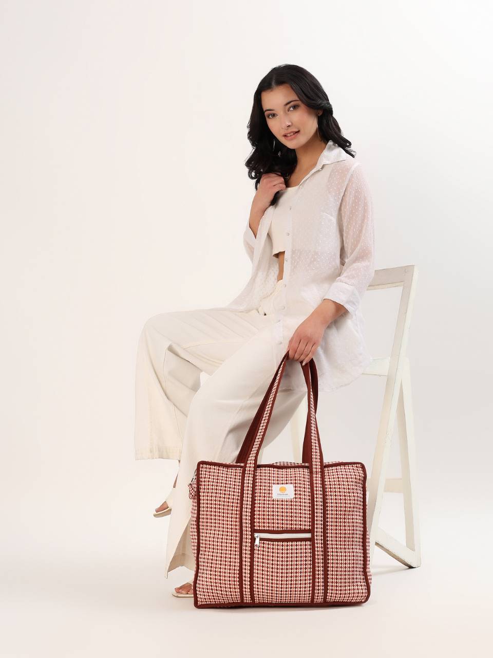 Cotton Tote Bag With Zip - Argyle Sand - Hi Handmade