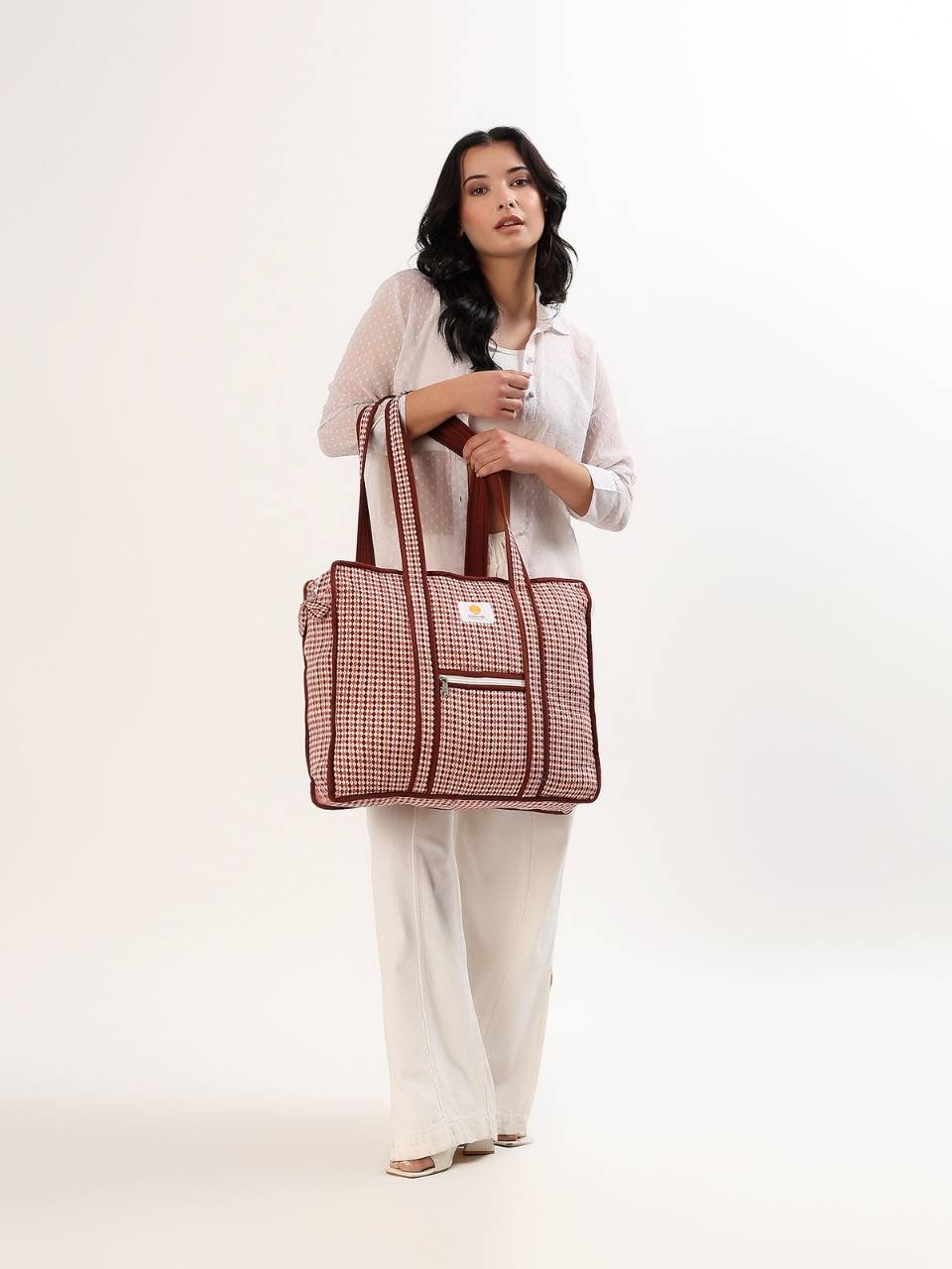Cotton Tote Bag With Zip - Argyle Sand - Hi Handmade