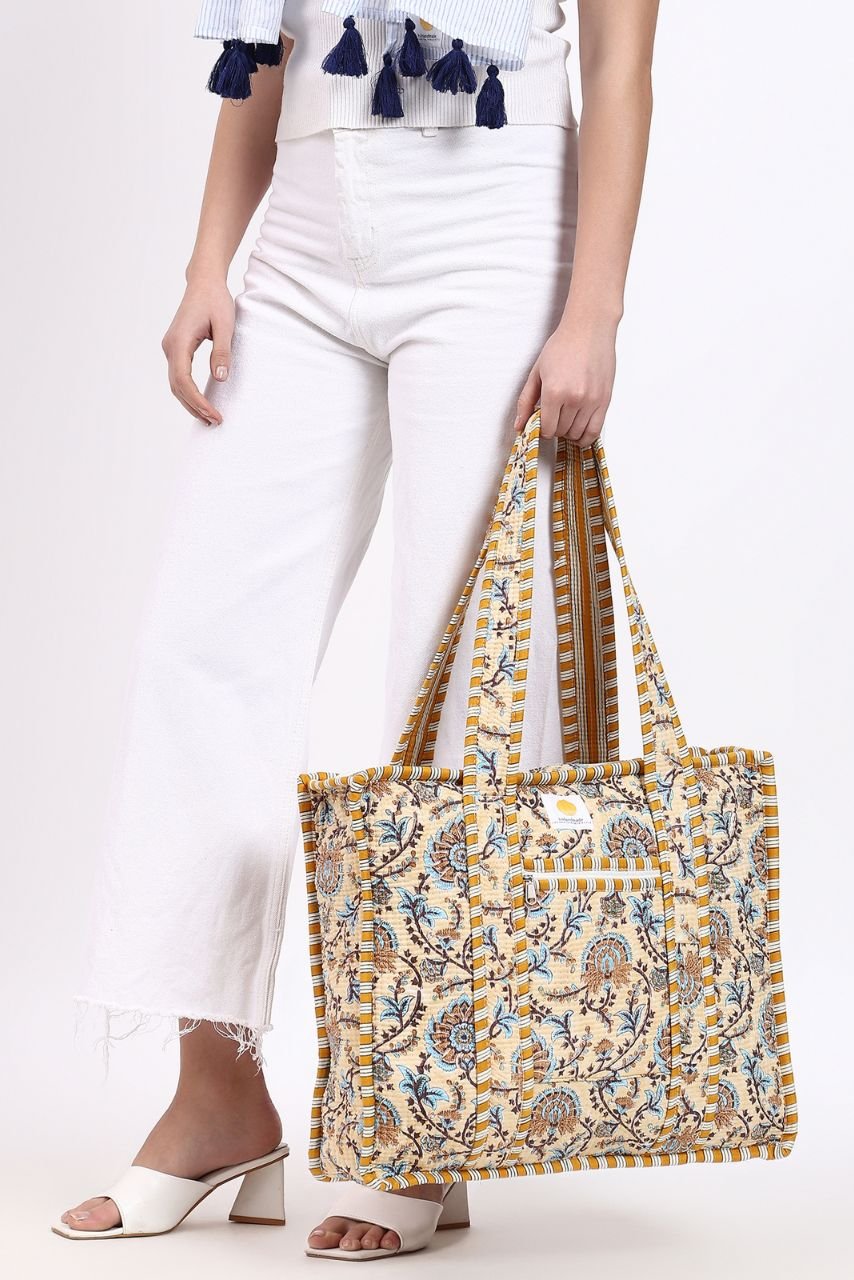 Cotton Tote Bag With Zip - Beige - Hi Handmade