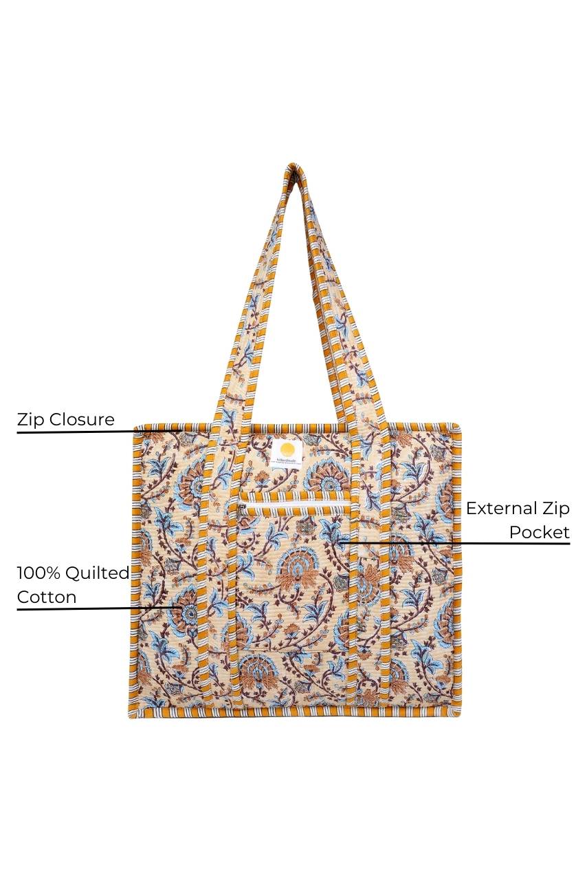 Cotton Tote Bag With Zip - Beige - Hi Handmade