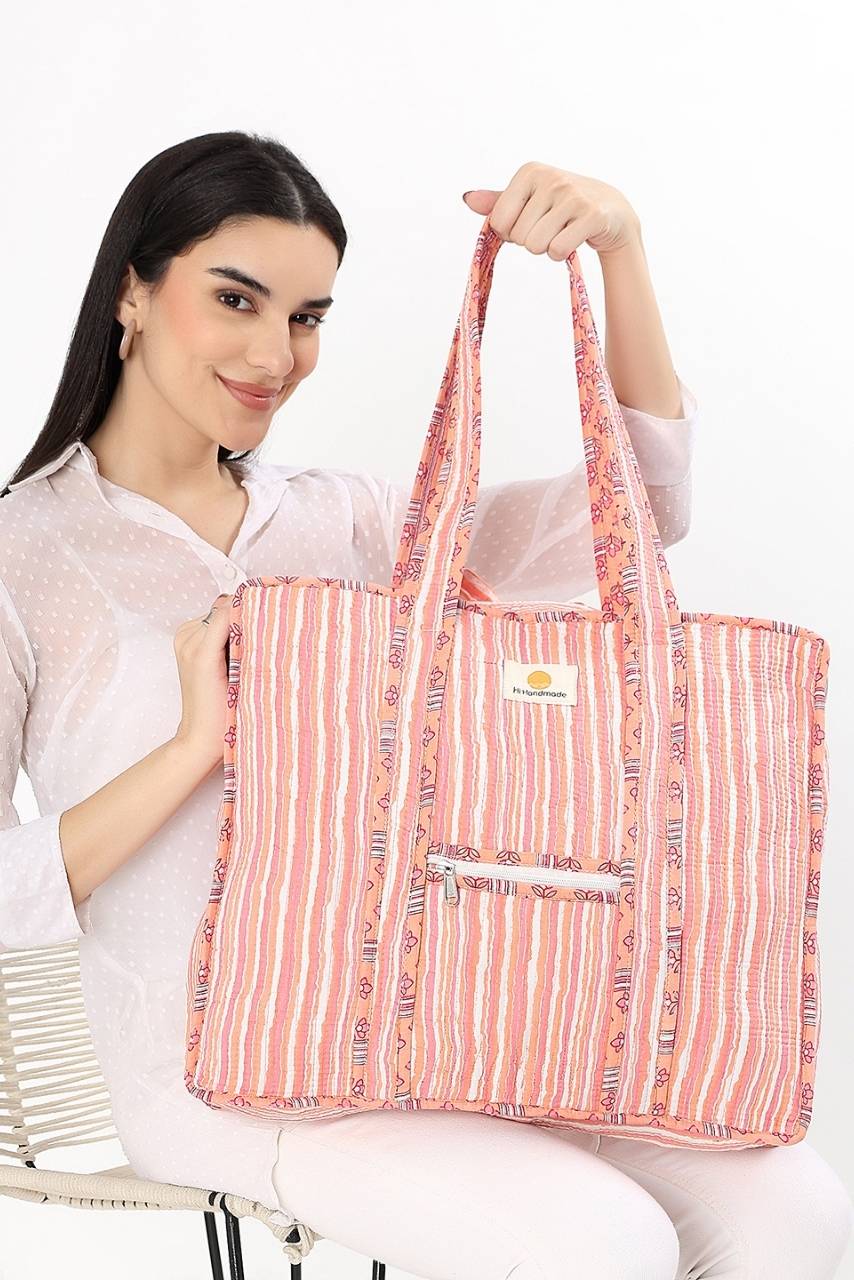 Cotton Tote Bag With Zip - Cronulla Stripe - Hi Handmade